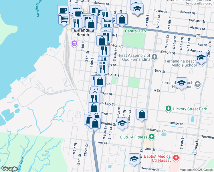 map of restaurants, bars, coffee shops, grocery stores, and more near 606 South 9th Street in Fernandina Beach