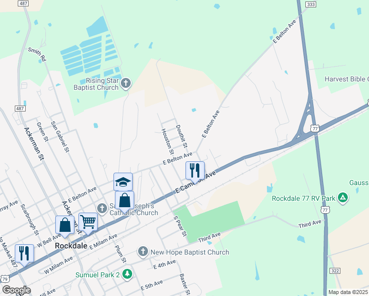 map of restaurants, bars, coffee shops, grocery stores, and more near 403 Douthit Street in Rockdale