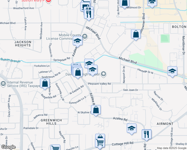 map of restaurants, bars, coffee shops, grocery stores, and more near 3800 Pleasant Valley Road in Mobile