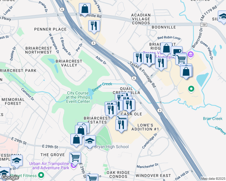 map of restaurants, bars, coffee shops, grocery stores, and more near 2813 Cherry Creek Cir in Bryan