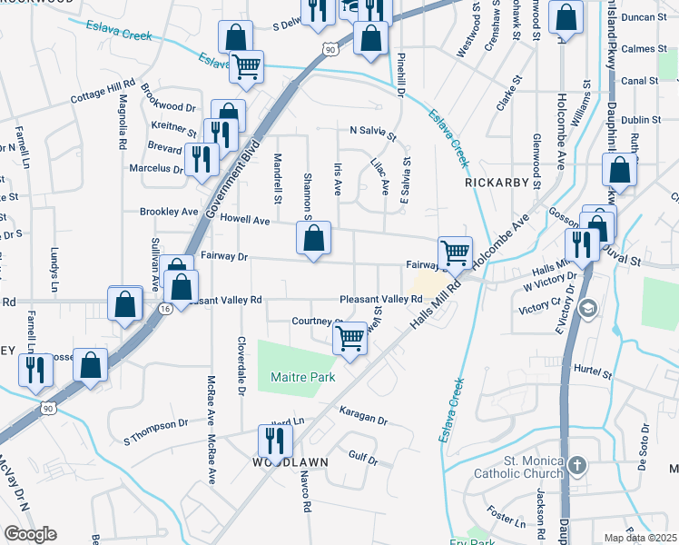 map of restaurants, bars, coffee shops, grocery stores, and more near 2507 Fairway Drive in Mobile