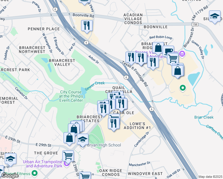map of restaurants, bars, coffee shops, grocery stores, and more near 2813 Cherry Creek Circle in Bryan