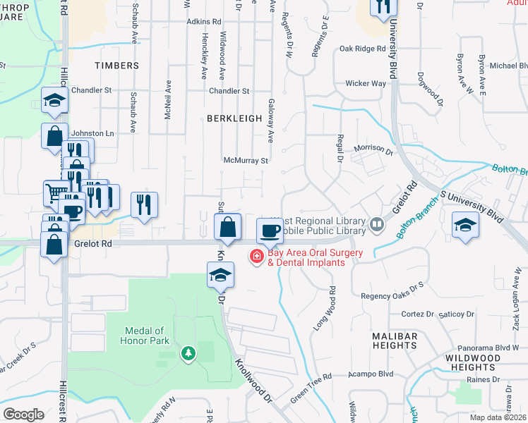 map of restaurants, bars, coffee shops, grocery stores, and more near 5920 Grelot Road in Mobile