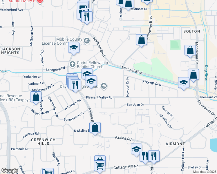 map of restaurants, bars, coffee shops, grocery stores, and more near 3900 Pleasant Valley Road in Mobile