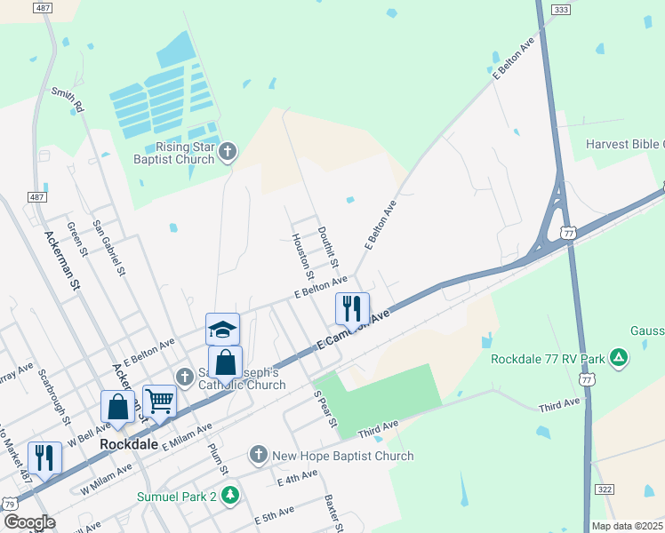 map of restaurants, bars, coffee shops, grocery stores, and more near 403 Douthit Street in Rockdale