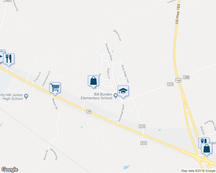 map of restaurants, bars, coffee shops, grocery stores, and more near Granite Path in Liberty Hill