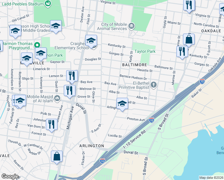 map of restaurants, bars, coffee shops, grocery stores, and more near 1210 Alba Street in Mobile