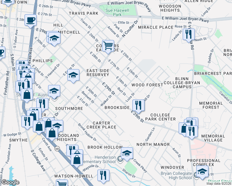 map of restaurants, bars, coffee shops, grocery stores, and more near 1511 Burt Street in Bryan
