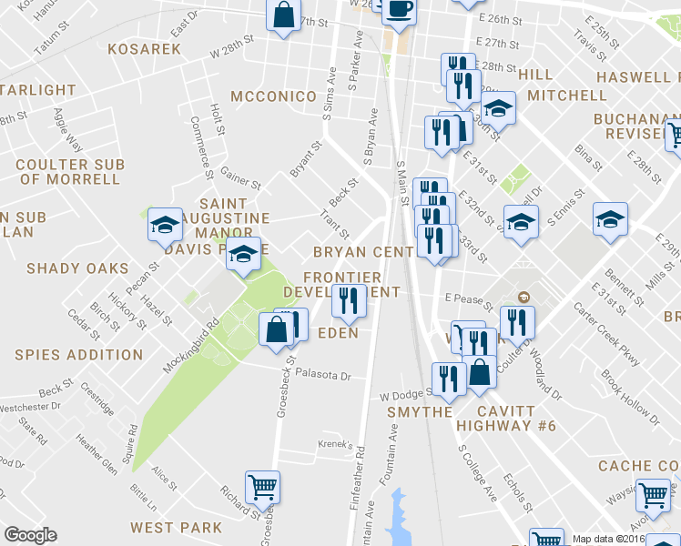 map of restaurants, bars, coffee shops, grocery stores, and more near 1105 Groesbeck Street in Bryan