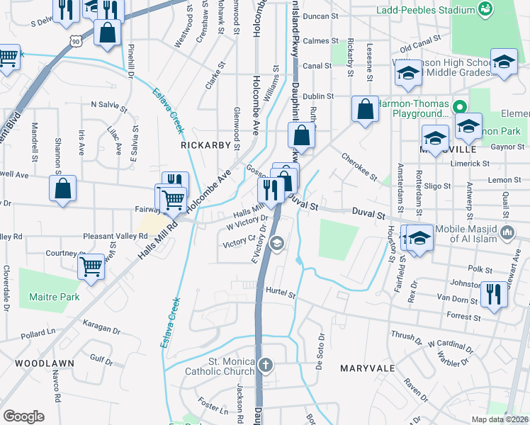 map of restaurants, bars, coffee shops, grocery stores, and more near 2006 West Victory Drive in Mobile