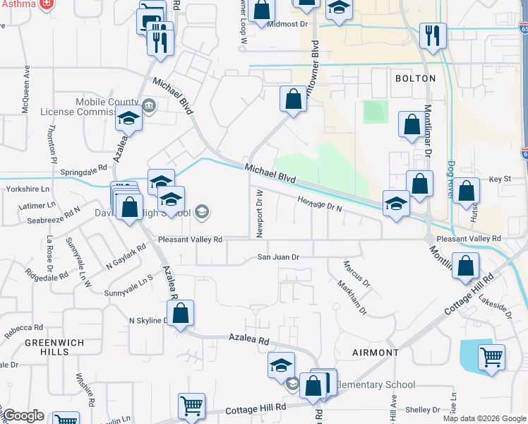 map of restaurants, bars, coffee shops, grocery stores, and more near 511 Newport Drive West in Mobile
