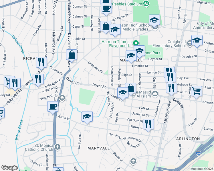map of restaurants, bars, coffee shops, grocery stores, and more near 1252 Houston Street in Mobile