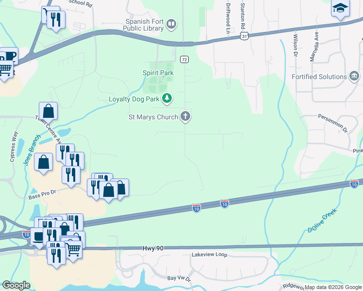 map of restaurants, bars, coffee shops, grocery stores, and more near 30067 Wayside Drive in Spanish Fort