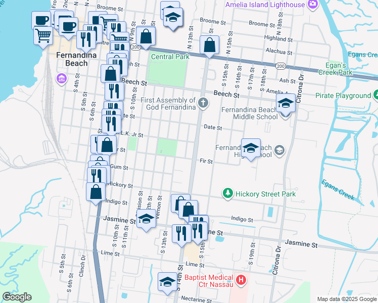 map of restaurants, bars, coffee shops, grocery stores, and more near 520 South 13th Terrace in Fernandina Beach