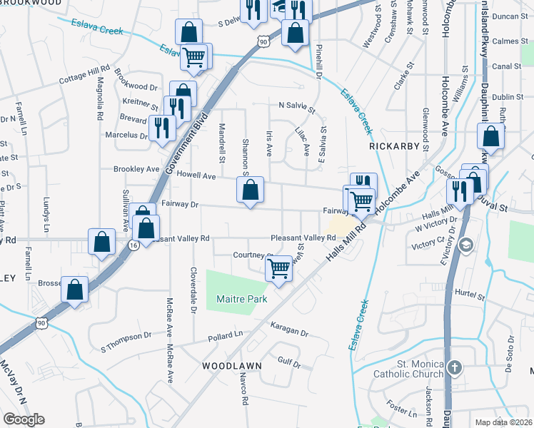 map of restaurants, bars, coffee shops, grocery stores, and more near 2501 Fairway Drive in Mobile