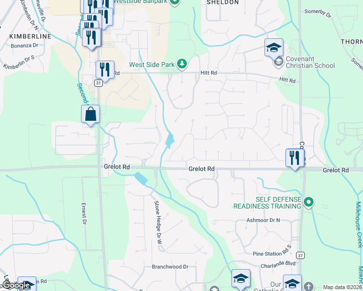 map of restaurants, bars, coffee shops, grocery stores, and more near 1315 Carson Road West in Mobile