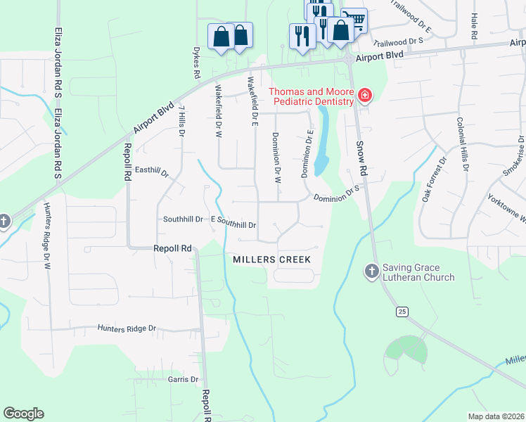 map of restaurants, bars, coffee shops, grocery stores, and more near 1303 Kilearn Drive in Mobile