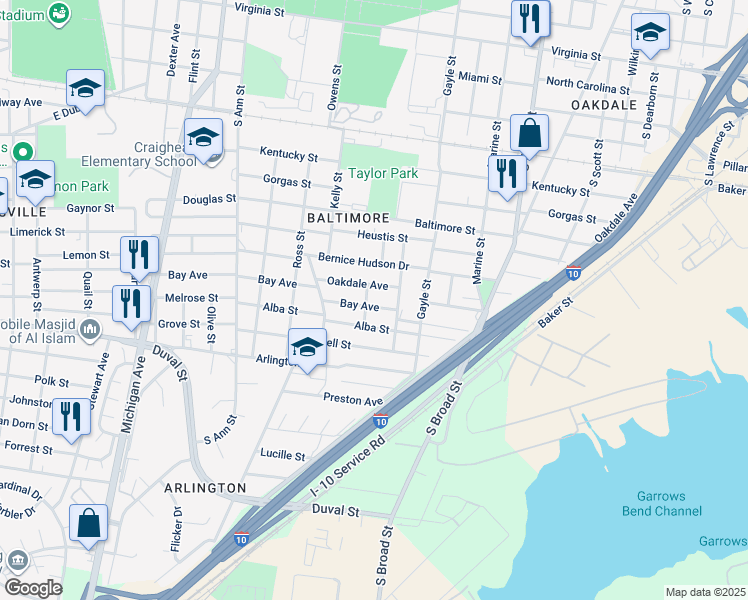map of restaurants, bars, coffee shops, grocery stores, and more near 1060 Bay Avenue in Mobile