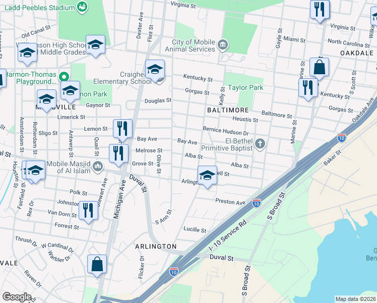 map of restaurants, bars, coffee shops, grocery stores, and more near 1210 Alba St in Mobile