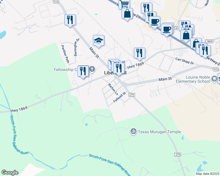 map of restaurants, bars, coffee shops, grocery stores, and more near 200 Grange Road in Liberty Hill