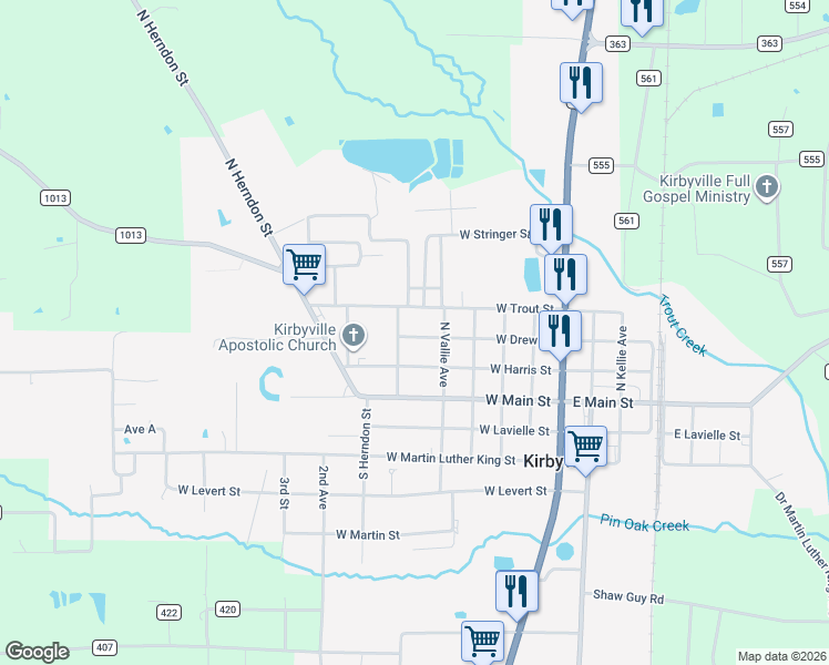 map of restaurants, bars, coffee shops, grocery stores, and more near 508 West Drew Street in Kirbyville