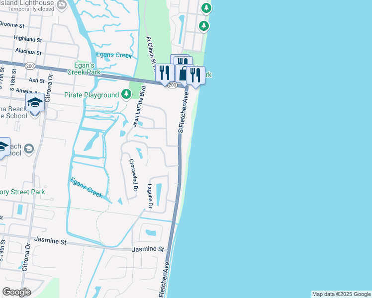 map of restaurants, bars, coffee shops, grocery stores, and more near 316 South Fletcher Avenue in Fernandina Beach