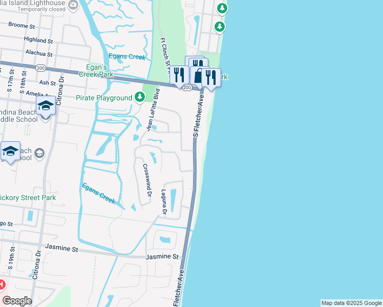 map of restaurants, bars, coffee shops, grocery stores, and more near 316 South Fletcher Avenue in Fernandina Beach
