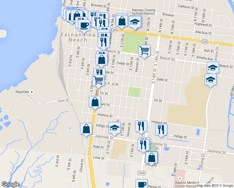 map of restaurants, bars, coffee shops, grocery stores, and more near 532 South 11th Street in Fernandina Beach
