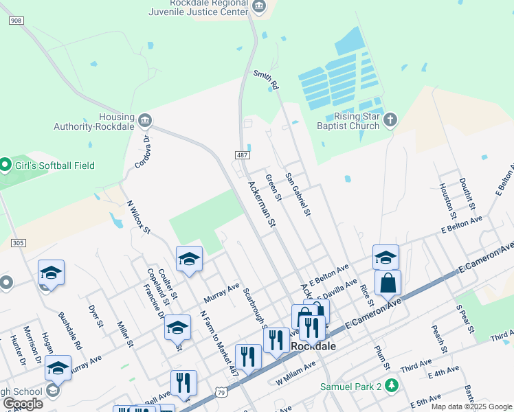 map of restaurants, bars, coffee shops, grocery stores, and more near 805 Ackerman Street in Rockdale