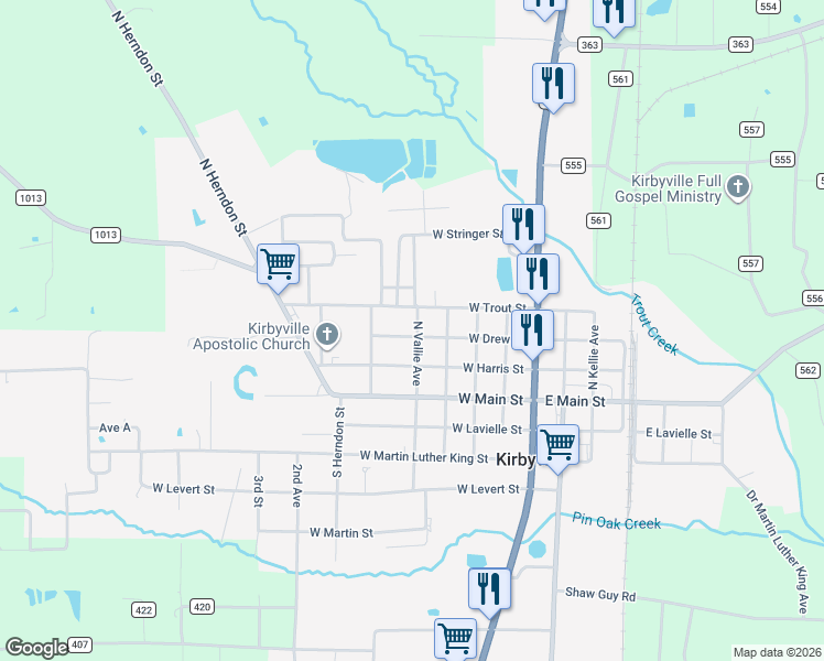 map of restaurants, bars, coffee shops, grocery stores, and more near 508 West Drew Street in Kirbyville