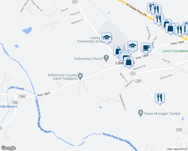 map of restaurants, bars, coffee shops, grocery stores, and more near 3719 Ranch Road 1869 in Liberty Hill