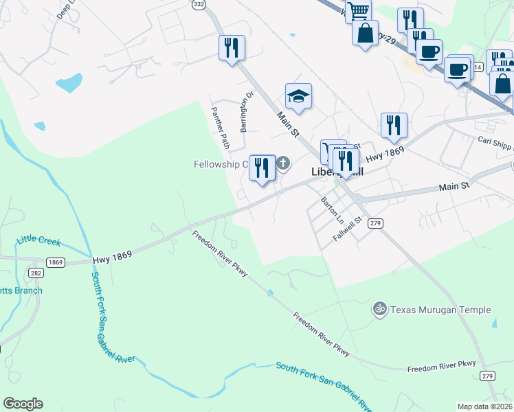 map of restaurants, bars, coffee shops, grocery stores, and more near 3703 R O Ranch Road in Liberty Hill