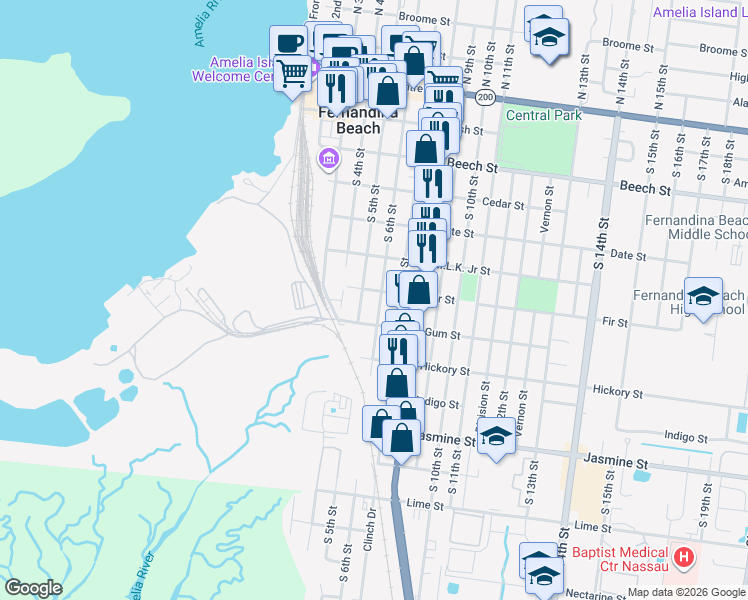map of restaurants, bars, coffee shops, grocery stores, and more near 611 South 6th Street in Fernandina Beach