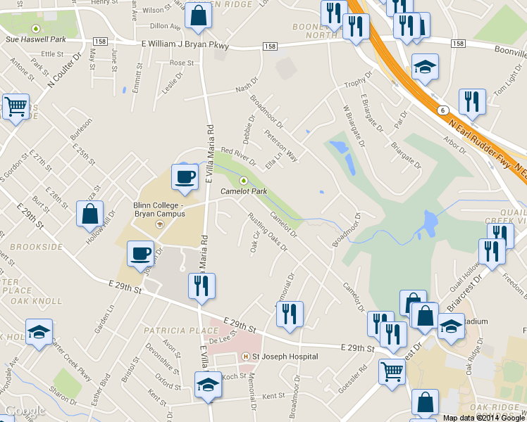 map of restaurants, bars, coffee shops, grocery stores, and more near 2712 Camelot Dr in Bryan
