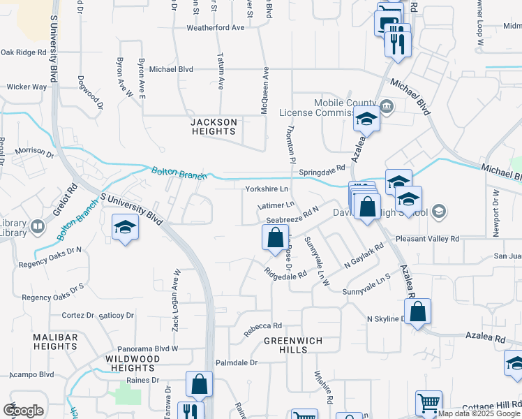 map of restaurants, bars, coffee shops, grocery stores, and more near 4119 Latimer Ln in Mobile