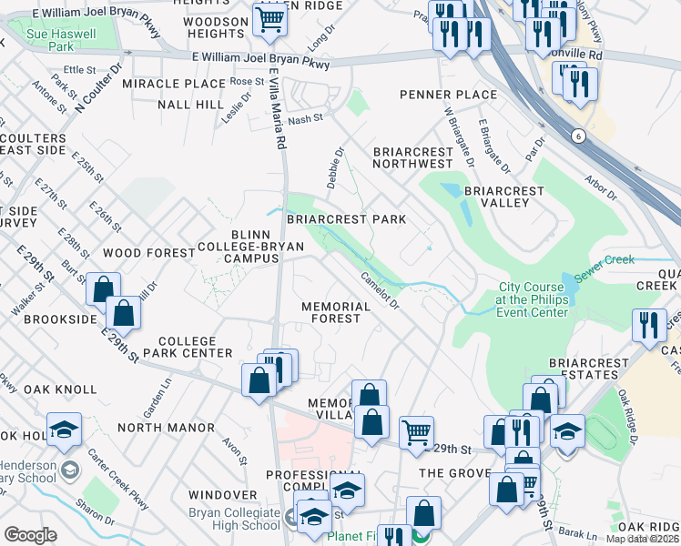 map of restaurants, bars, coffee shops, grocery stores, and more near 2712 Camelot Drive in Bryan