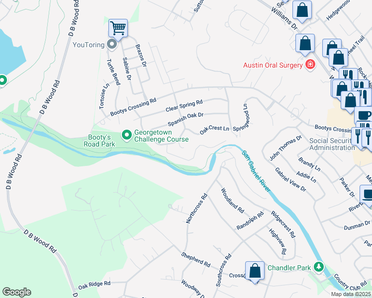 map of restaurants, bars, coffee shops, grocery stores, and more near 509 Oak Crest Lane in Georgetown