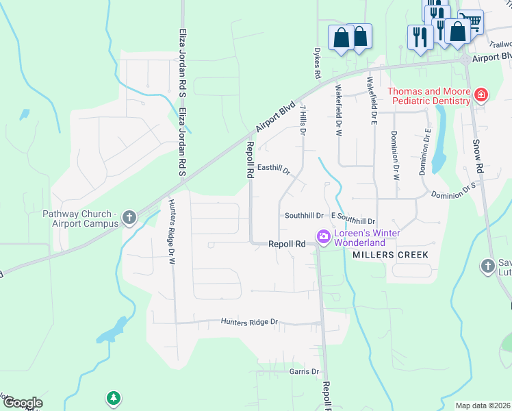 map of restaurants, bars, coffee shops, grocery stores, and more near 1301 Repoll Road in Mobile