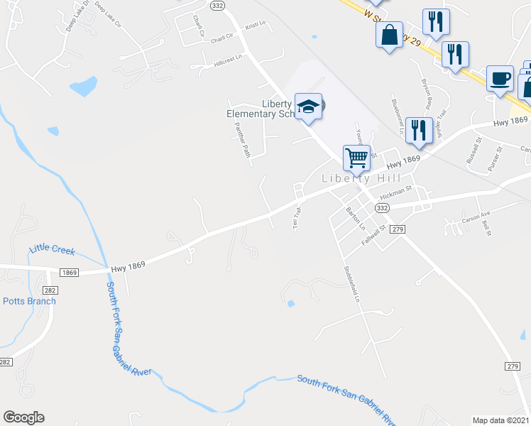 map of restaurants, bars, coffee shops, grocery stores, and more near 3700 Ranch Road 1869 in Liberty Hill
