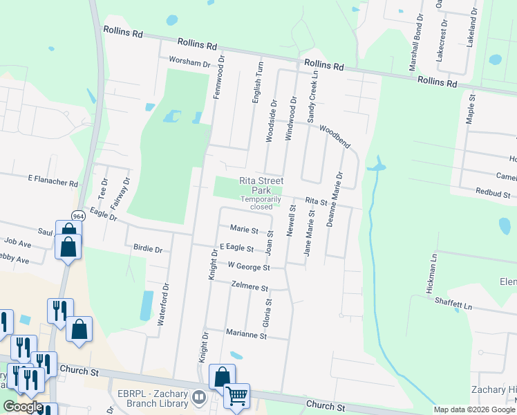 map of restaurants, bars, coffee shops, grocery stores, and more near 2135 Alice Street in Zachary