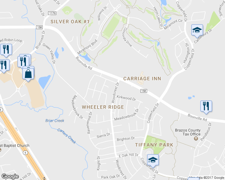map of restaurants, bars, coffee shops, grocery stores, and more near 4207 Woodcrest Dr in Bryan