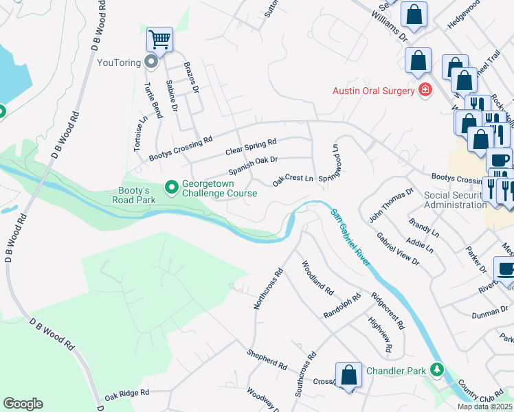 map of restaurants, bars, coffee shops, grocery stores, and more near 509 Oak Crest Lane in Georgetown