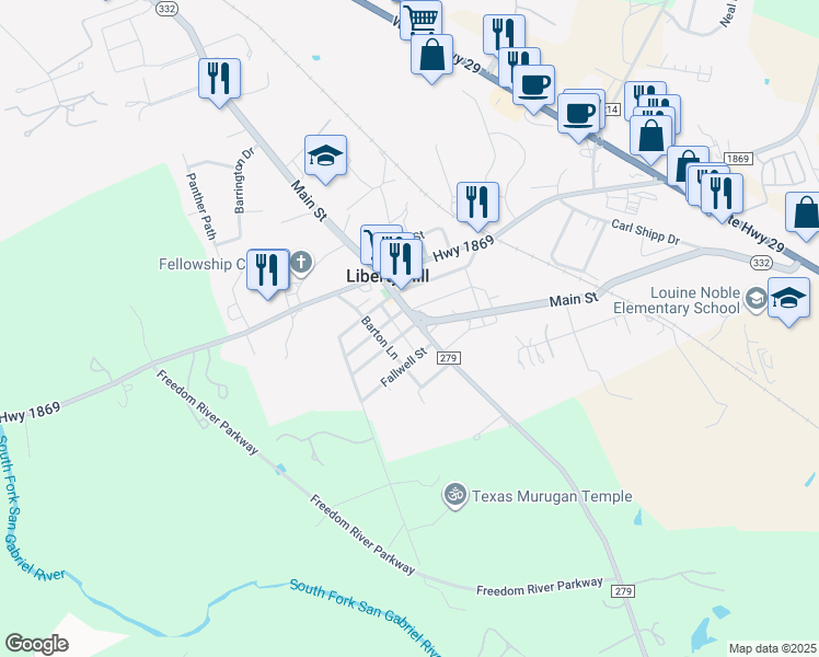 map of restaurants, bars, coffee shops, grocery stores, and more near 210 Munro Street in Liberty Hill