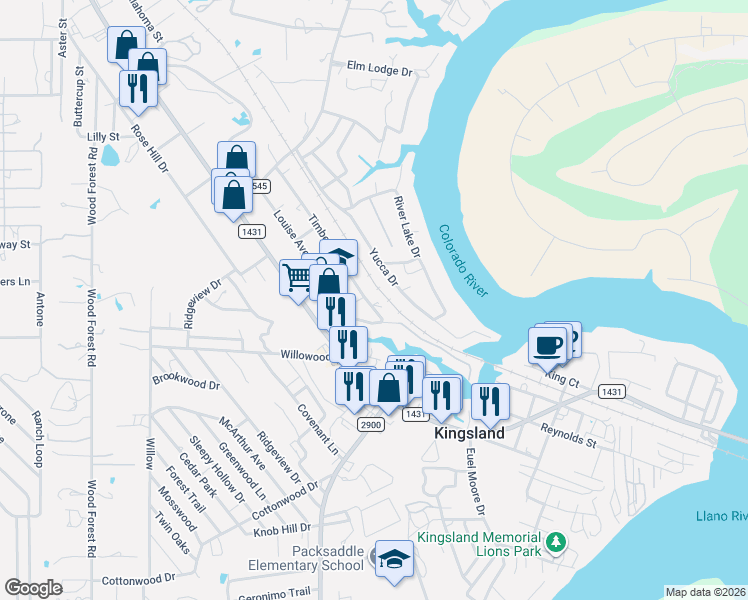 map of restaurants, bars, coffee shops, grocery stores, and more near 314 Timberidge Drive in Kingsland