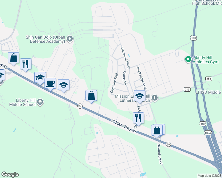 map of restaurants, bars, coffee shops, grocery stores, and more near 149 Granite Path in Liberty Hill