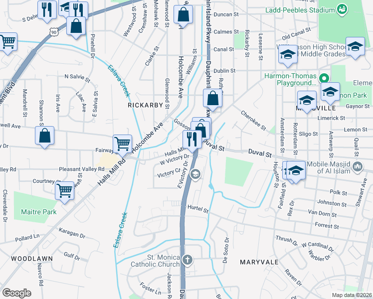 map of restaurants, bars, coffee shops, grocery stores, and more near 2006 West Victory Drive in Mobile