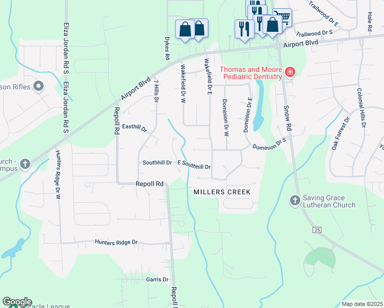 map of restaurants, bars, coffee shops, grocery stores, and more near 10155 Waterford Way in Mobile