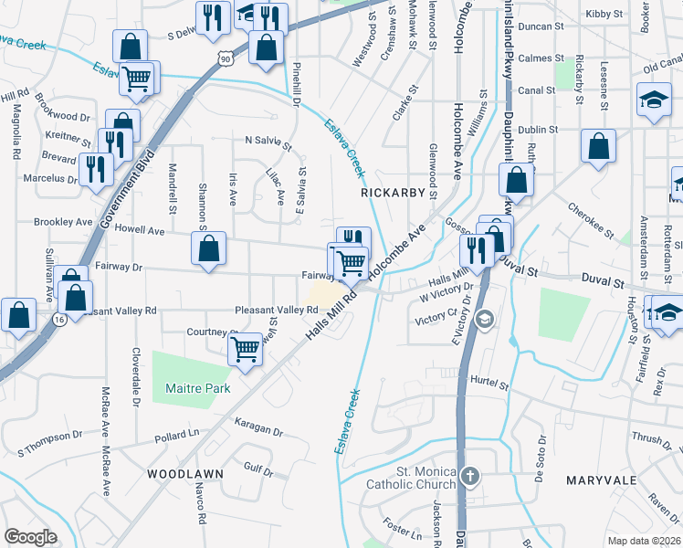map of restaurants, bars, coffee shops, grocery stores, and more near 2208 Fairway Drive in Mobile