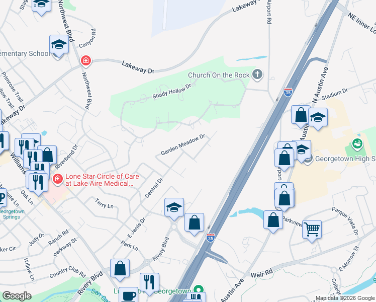 map of restaurants, bars, coffee shops, grocery stores, and more near 1705 Golden Vista Drive in Georgetown