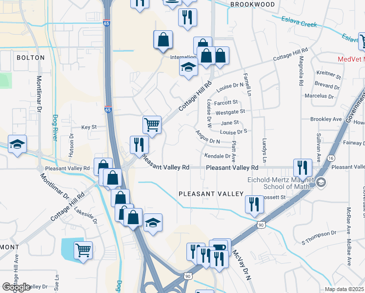 map of restaurants, bars, coffee shops, grocery stores, and more near 3233 Executive Park Circle in Mobile